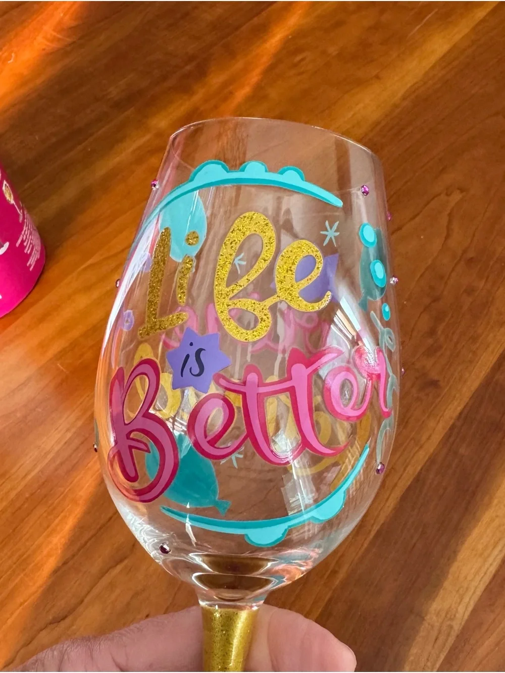 Lolita Pink, Gold & Teal Hand-Painted Wine Glass